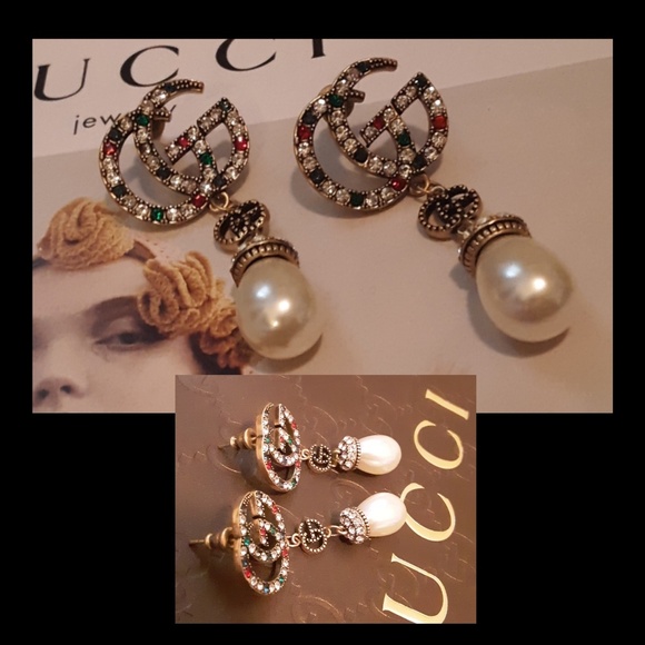 GUCCI Multi Color Stone Pearl Drop Earrings!